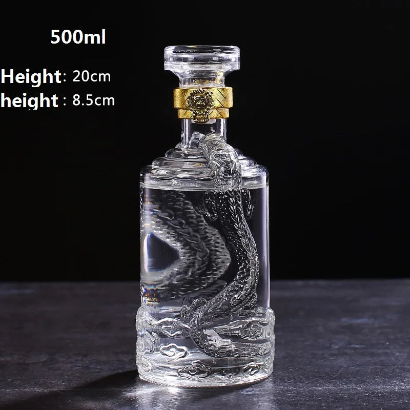 Dragão gravado 500ml formato redondo decantador de uísque barware garrafa de álcool para licor escocês bourbon
