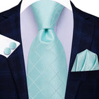 Hi-tie masculino elegante gravata lenço abotoaduras 3 pçs conjunto xadrez azul claro para smoking moda clássico seda luxo gravata para homem