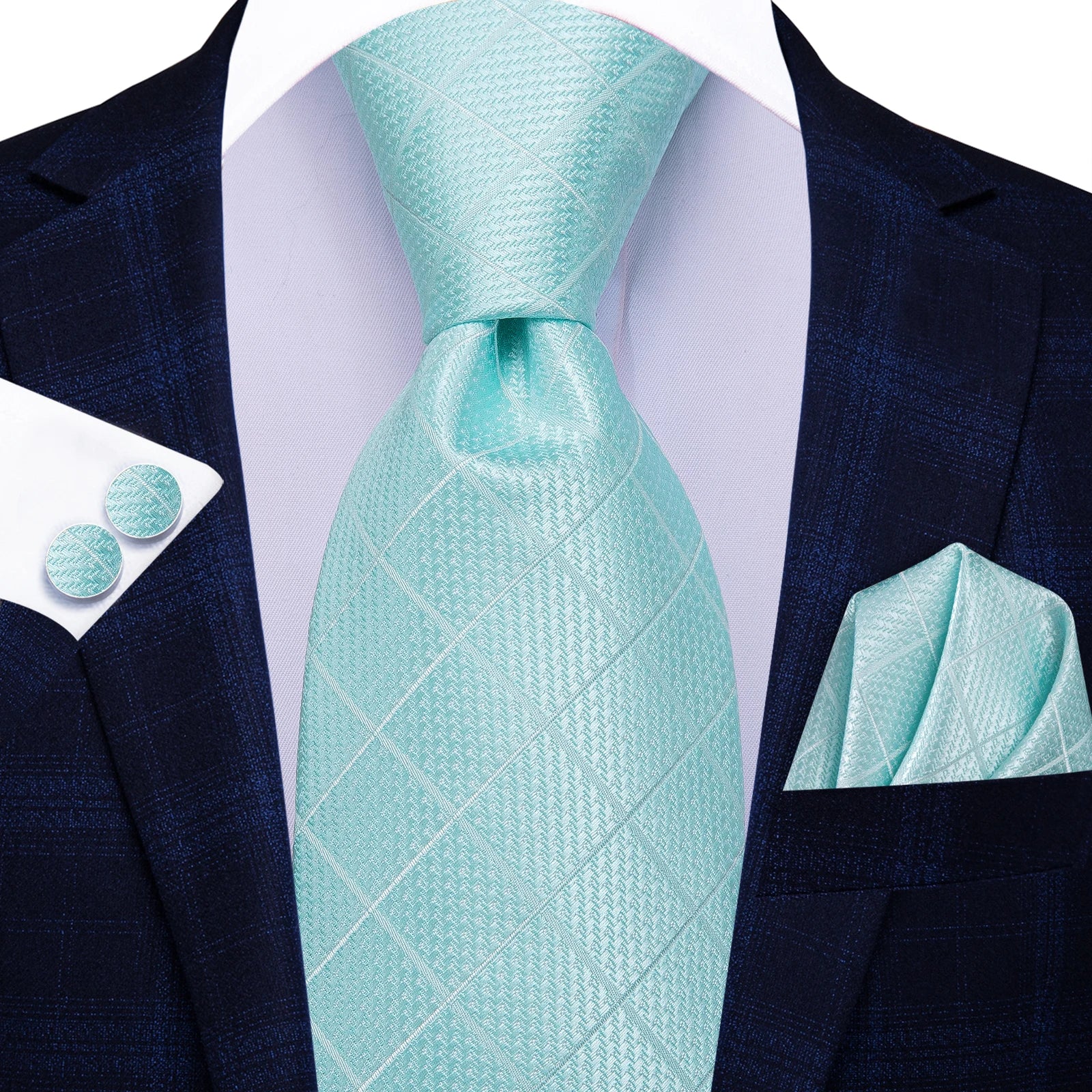 Hi-tie masculino elegante gravata lenço abotoaduras 3 pçs conjunto xadrez azul claro para smoking moda clássico seda luxo gravata para homem