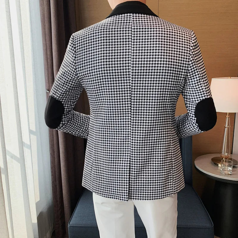 2024 outono inverno coreano houndstooth blazer jaquetas moda cor combinando lapela design casual masculino xadrez terno casaco smoking