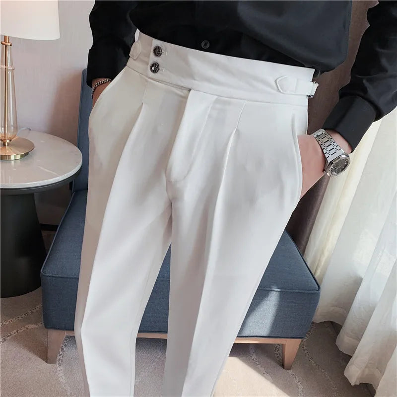 Estilo britânico novos homens sólidos calças de cintura alta alta qualidade formal negócios fino ajuste escritório terno calças festa social vestido