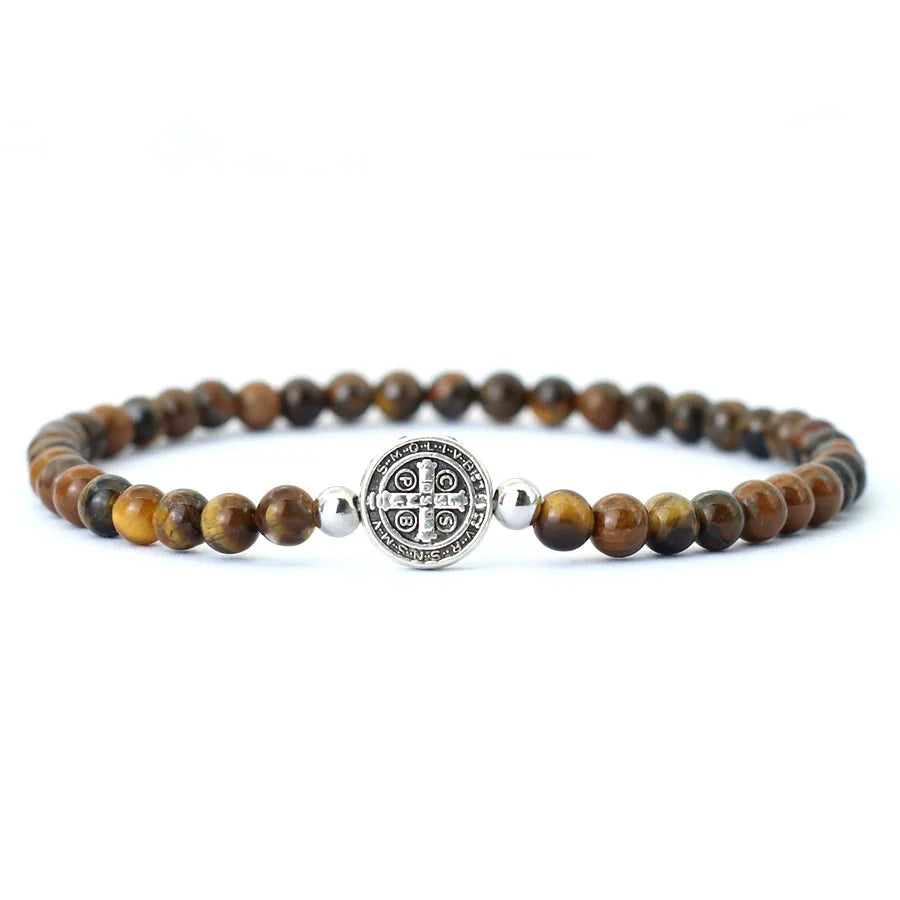Noter novo 4mm pulseira de contas para homens minimalista cruz braslet natural tigre olhos madeira braclet meditação pedra ônix brazalete