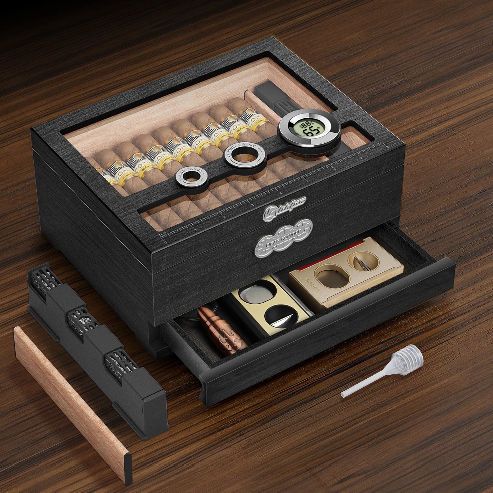 Umidificador de charutos, caixa de charutos de madeira de cedro com umidificador higrômetro digital, balança de medição e gaveta, presentes de umidificador de mesa superior de vidro