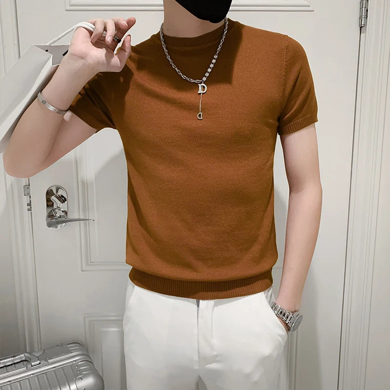 Verão fino pulôver meia gola alta camiseta masculina de malha manga curta topo masculino cor sólida camisola magro camiseta streetwear