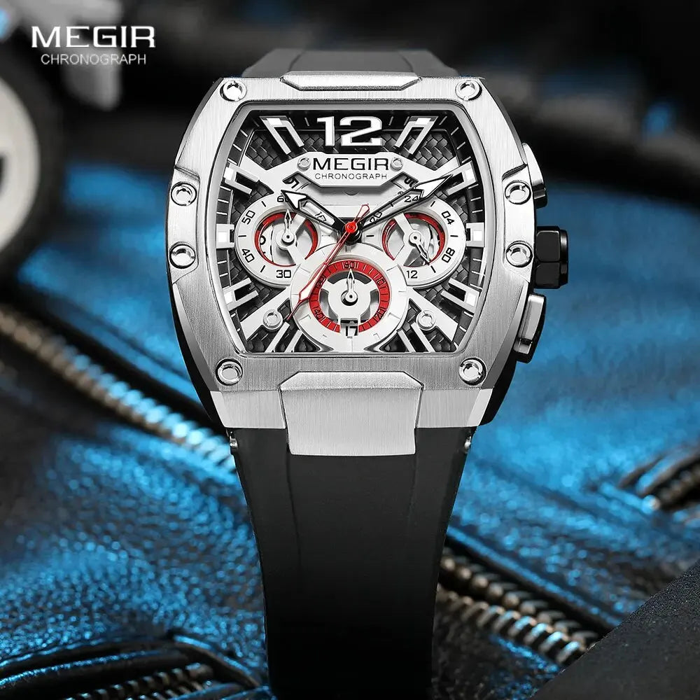 MEGIR-Relógio quartzo impermeável masculino, verde dourado, pulseira de silicone, cronógrafo, relógio de pulso com data, ponteiros luminosos, moda desportiva