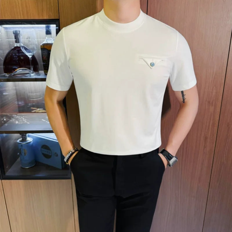 Bolso no peito design em torno do pescoço camiseta 2025 verão novos versatiles fino ajuste cor sólida manga curta casual t camisas preto/branco
