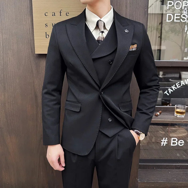 (Jaquetas + calças + colete) homens de alta qualidade fino ajuste festa smoking 3 peças moda duplo breasted colete design casamento terno social