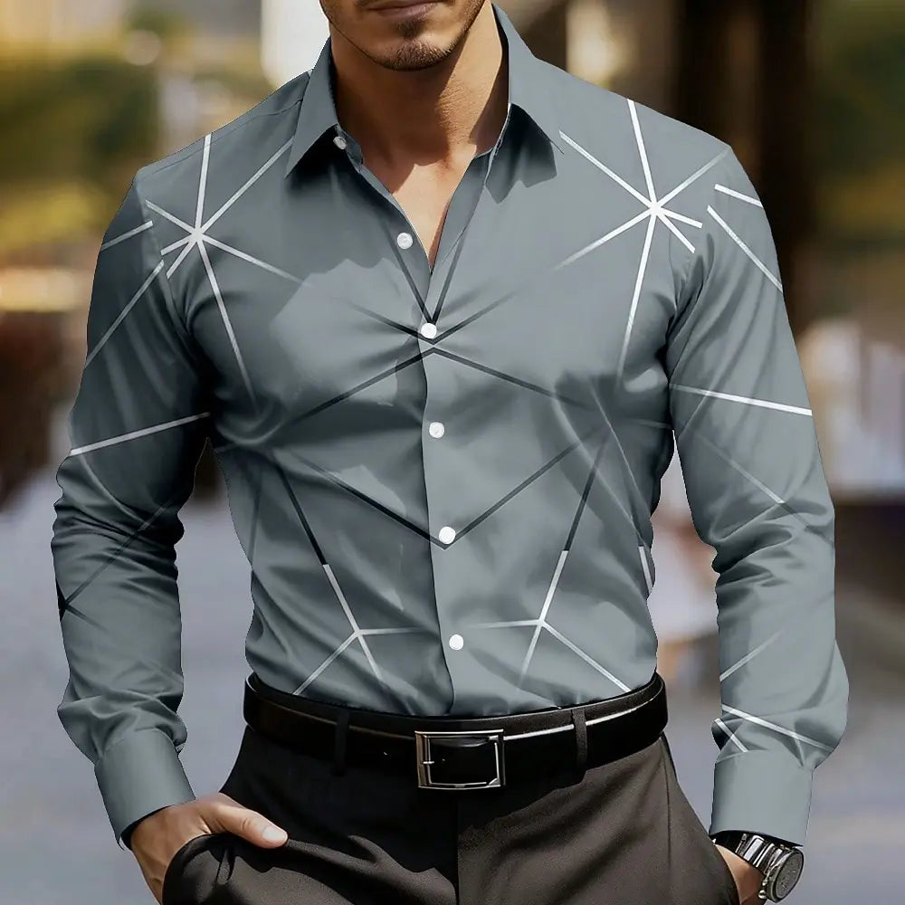 Camisa masculina de arte abstrata com linha geométrica, manga comprida, casual, roupa diária ao ar livre, primavera outono, camisas com gola estampada 3D