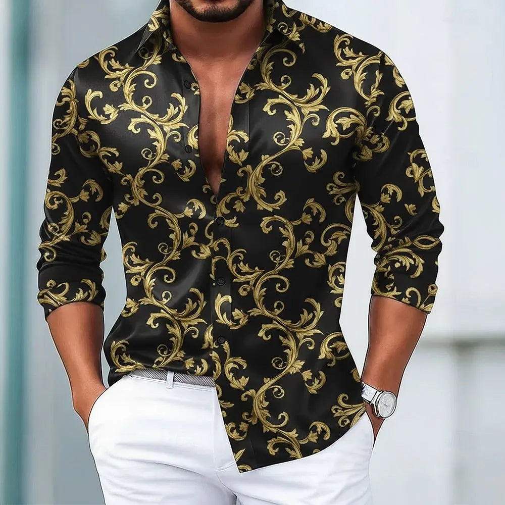 Camisa 3D de manga comprida masculina, estampa de arte europeia com gráfico floral vintage, estilo streetwear moderno, tops casuais outono inverno 2025
