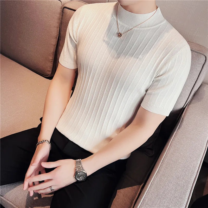 2024 verão malha elasticidade t camisa masculina meia gola alta manga curta casual fino ajuste camisola topos t clube social camiseta