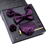Conjunto de gravata paisley roxa de luxo masculino, caixa de presente com gravata, gravata borboleta, lenço, abotoaduras, anel, clipe de lapela e boutonniere.