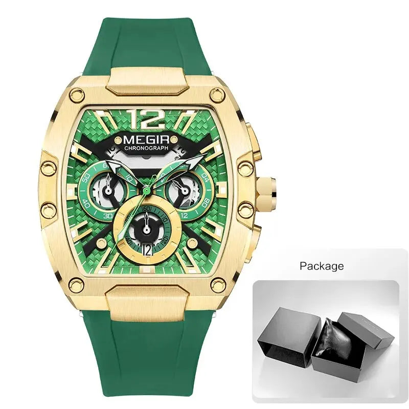 MEGIR-Relógio quartzo impermeável masculino, verde dourado, pulseira de silicone, cronógrafo, relógio de pulso com data, ponteiros luminosos, moda desportiva
