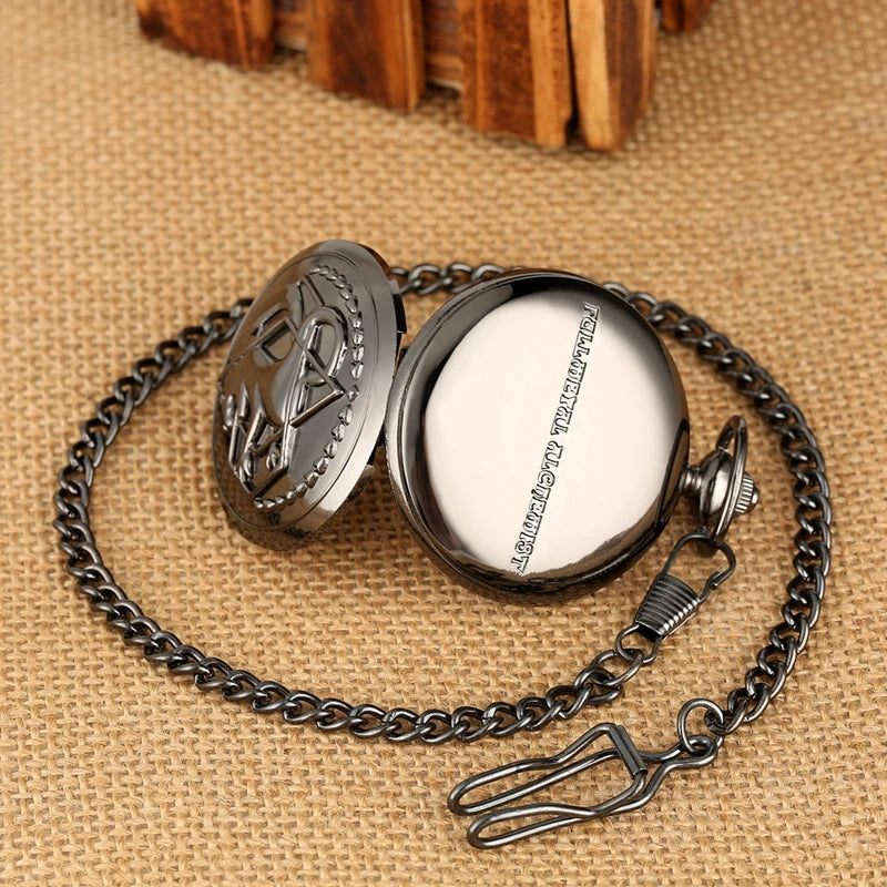 Vintage preto fullmetal alchemist relógio de bolso quartzo steampunk popular edward elric colar corrente fãs cosplay anime relógios
