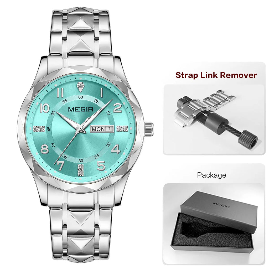 Megir relógio masculino de quartzo com pulseira de aço inoxidável, relógio de pulso estilo simples e data do dia, calendário, caixa de liga