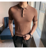 Estilo britânico verão camisa polo de malha cor sólida fino ajuste estiramento manga curta camiseta masculina negócios polos sociais streetwear