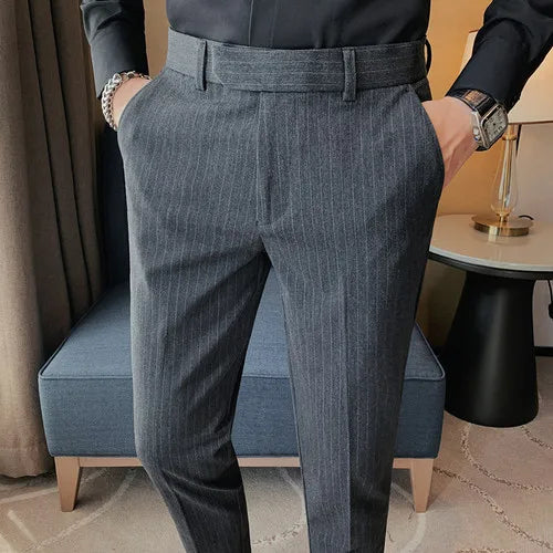 Estilo britânico listrado fino ajuste terno pant homens negócios casual simples vestido calças de alta qualidade social festa de casamento 38-28