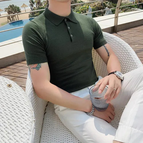 Camisa polo de manga curta Slim Fit masculina Polos de cor sólida, roupas formais de negócios casuais, novas marcas de moda, verão, 2022