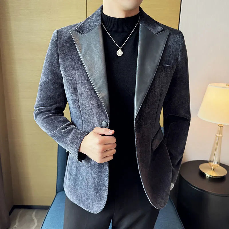 Emenda de couro pescoço moda terno jaqueta luxo negócios masculino fino ajuste social formal blazers casacos casamento noivo smoking 5xl-m