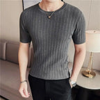 Camisola de malha de manga curta, camiseta elástica, gola redonda, slim fit, meia manga coreana, camiseta listrada, novo, verão, 6 cores, 2024