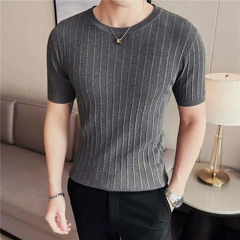 Camisola de malha de manga curta, camiseta elástica, gola redonda, slim fit, meia manga coreana, camiseta listrada, novo, verão, 6 cores, 2024