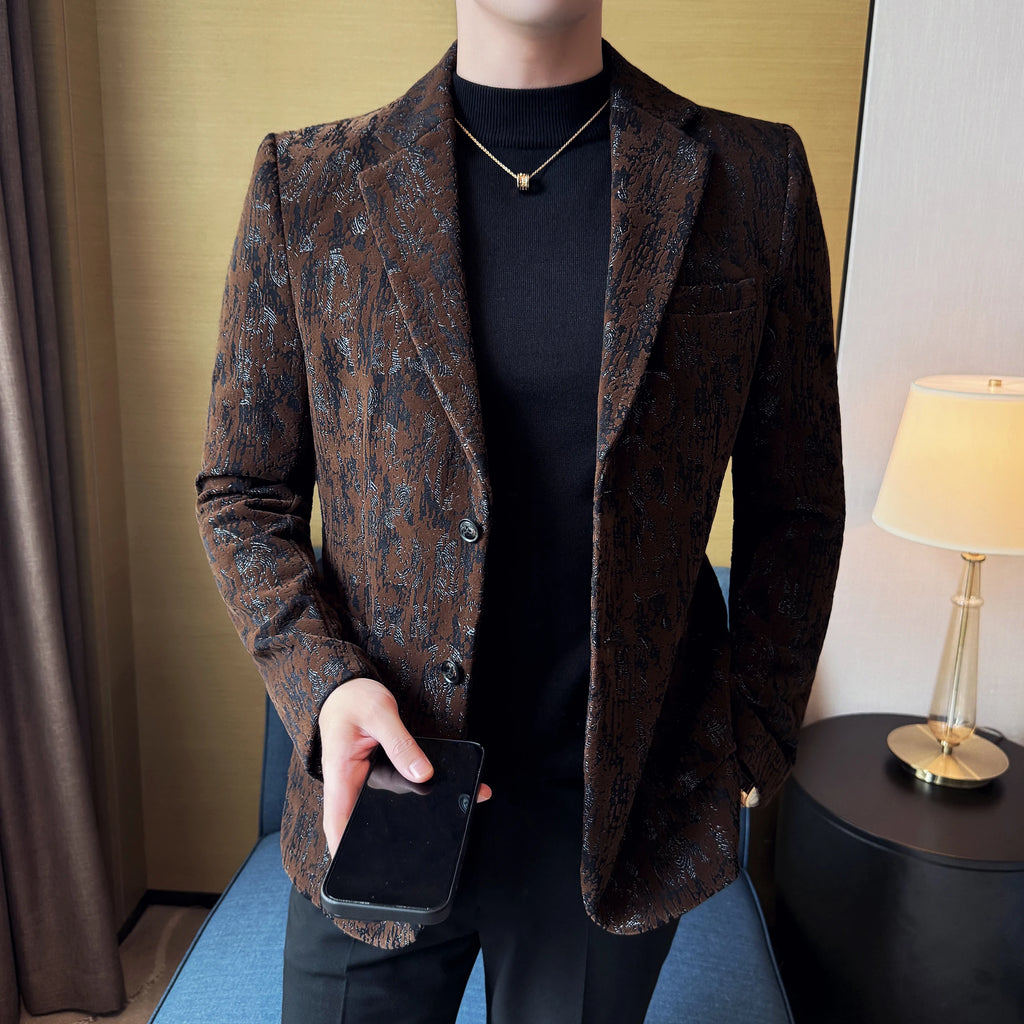 Alta qualidade de pelúcia jacquard moda terno jaqueta versão coreana fino ajuste negócios retro casual terno de casamento social blazer 5xl-m