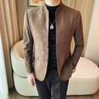 Novo chinês gola blazer jaqueta 2025 moda elegante impresso fino ajuste ternos de negócios jaqueta tailcoat roupas masculinas