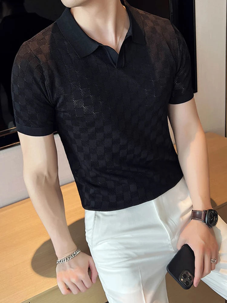 Camisa polo de malha fina de seda e gelo masculina, camiseta casual, manga curta, gola em O, justa, respirável, elástica, malha, masculina, verão