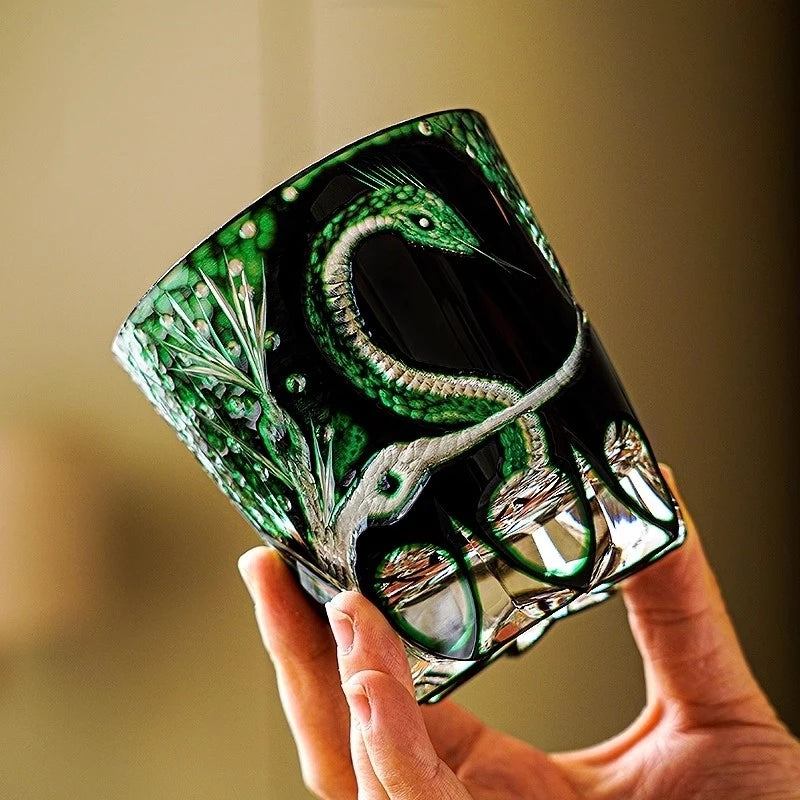 Estilo chinês zodíaco cobra edo kiriko copo de cristal guardião cobra wineglass licor uísque vidro brandy snifter topo lembrança presentes