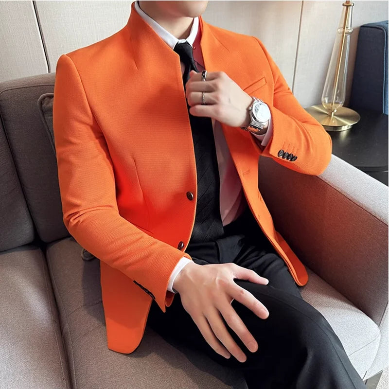 Waffle novo chinês gola alta terno casacos masculino fino ajuste negócios casual moda ternos jaqueta formal social baile de formatura festa smoking