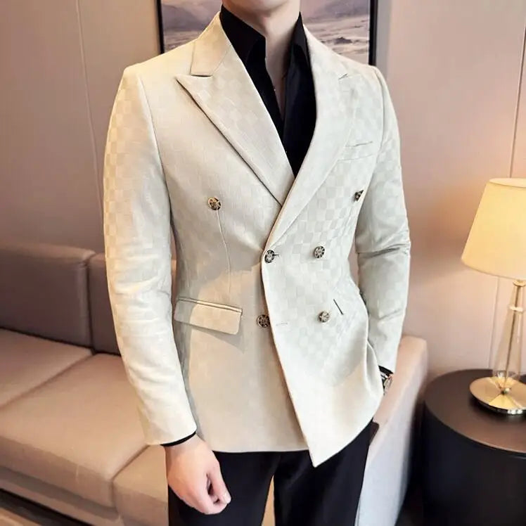 6 cores de luxo duplo breasted blazers casacos 2024 nova moda xadrez negócios fino ajuste social formal terno jaqueta 5xl-m