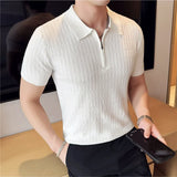 Verão gelo seda oco malha polos camisa de alta qualidade dos homens manga curta listrado negócios casual camiseta topos roupas masculinas 3xl