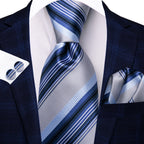 Hi-tie masculino elegante gravata lenço abotoaduras 3 pçs conjunto xadrez azul claro para smoking moda clássico seda luxo gravata para homem