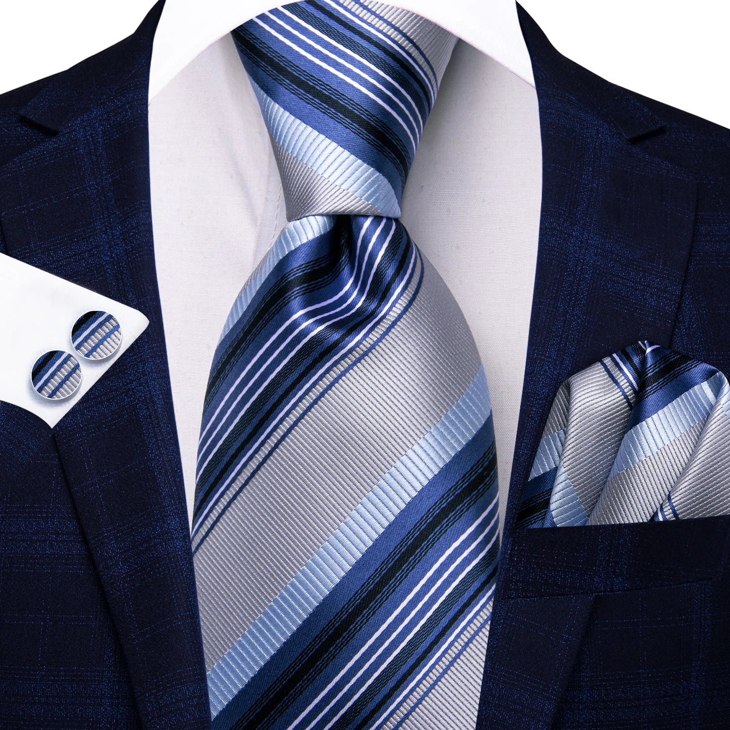 Hi-tie masculino elegante gravata lenço abotoaduras 3 pçs conjunto xadrez azul claro para smoking moda clássico seda luxo gravata para homem