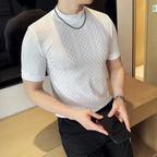 Camisa masculina listra grade t verão meia alta pescoço fino ajuste casual moda respirável elástico pulôver t roupas masculinas 4xl-m