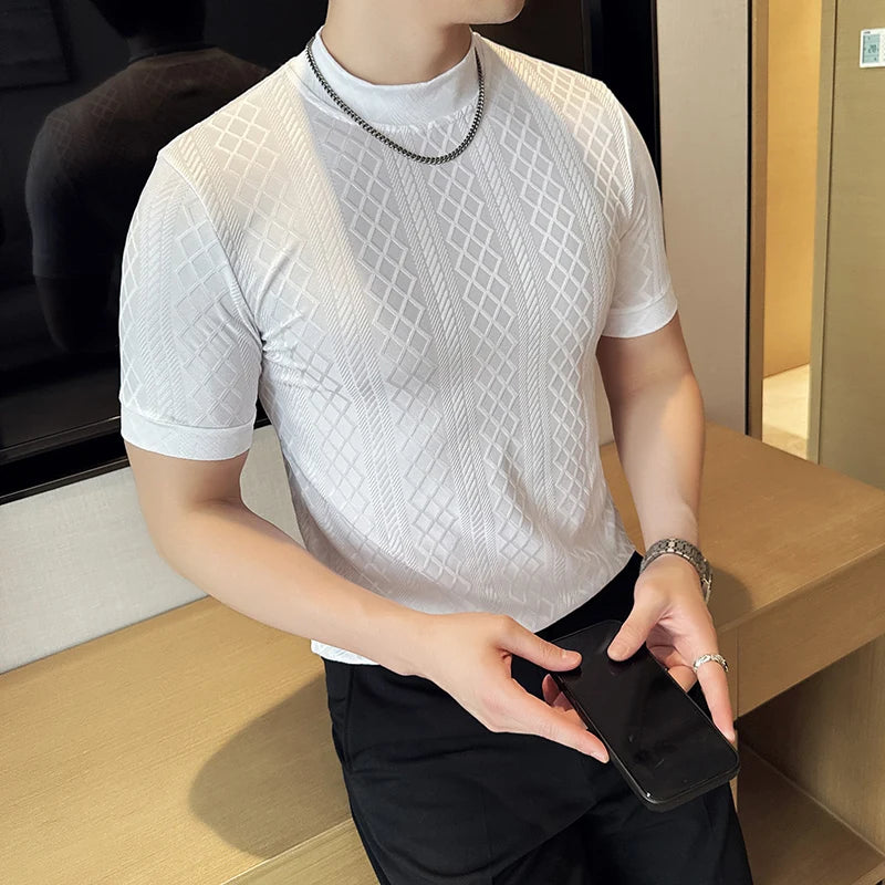 Camisa masculina listra grade t verão meia alta pescoço fino ajuste casual moda respirável elástico pulôver t roupas masculinas 4xl-m