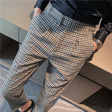 Estilo britânico outono nova moda listra xadrez terno calça masculina design de cintura alta fino ajuste calças de escritório dos homens noivo calças de casamento