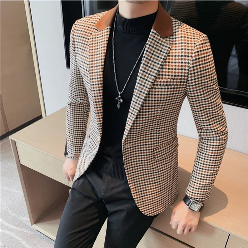 2024 outono inverno coreano houndstooth blazer jaquetas moda cor combinando lapela design casual masculino xadrez terno casaco smoking