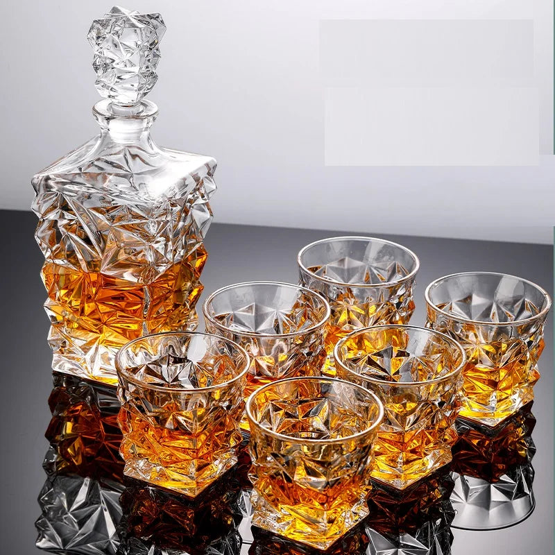 Garrafa De Vinho De Vidro De Cristal + Copos, Vinho Decanter, Uísque, Liqour Pourer, Home Bar, Vodka Beer Bottle Jar, JR, 7Pcs Set
