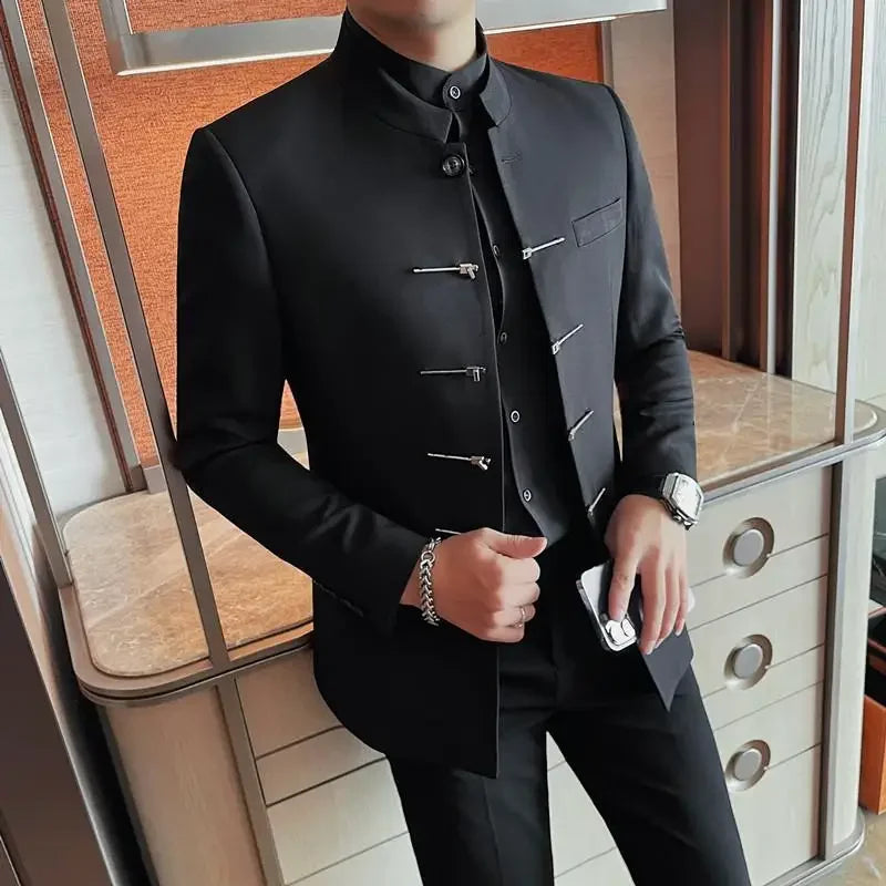 Estilo chinês gola alta terno jaqueta para homens de alta qualidade dos homens fino ajuste casual vestido de casamento social casaco roupas masculinas