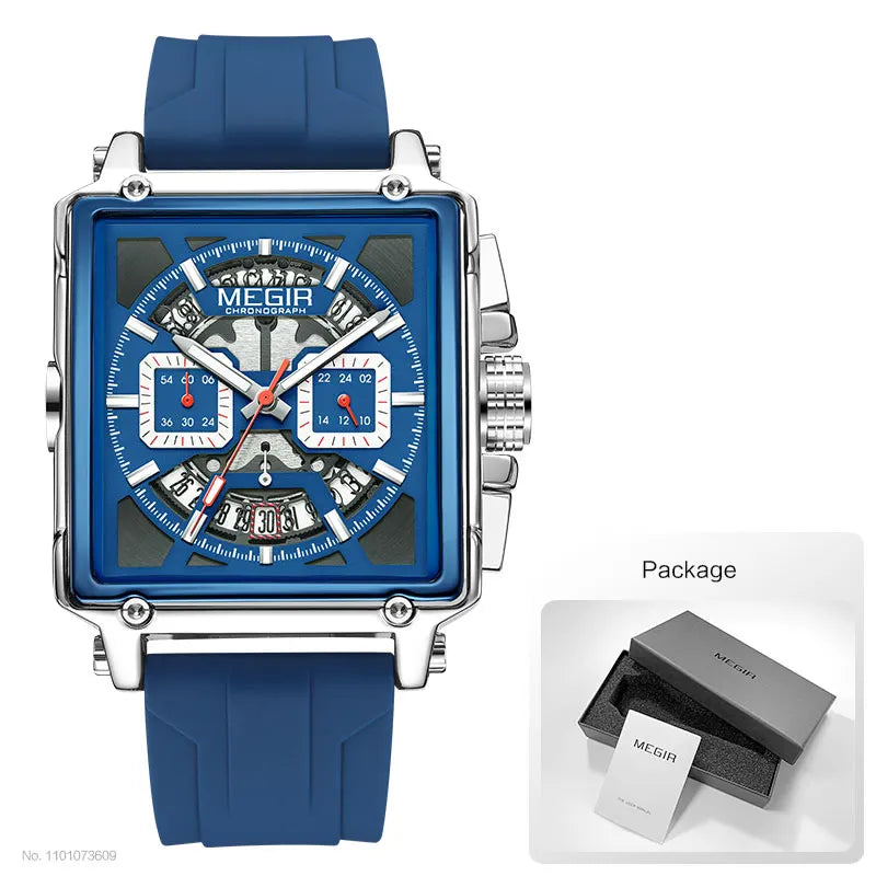 MEGIR-Relógio de quartzo quadrado masculino, moda, impermeável, luminoso, cronógrafo, data, azul, Silicone Strap, esporte, 2233