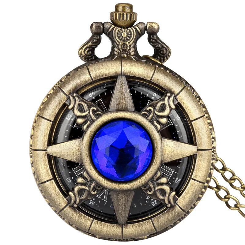 Exquisite Emerald-Green Stone Bronze Case Quartz Pocket Watch, Simples Dial Branco Cadeia Relógio, Colar Pingente para Homens e Mulheres