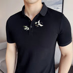 Moda verão novas camisas polo bordadas 2025 masculina de alta qualidade manga curta fino ajuste elástico casual camiseta topo roupas masculinas