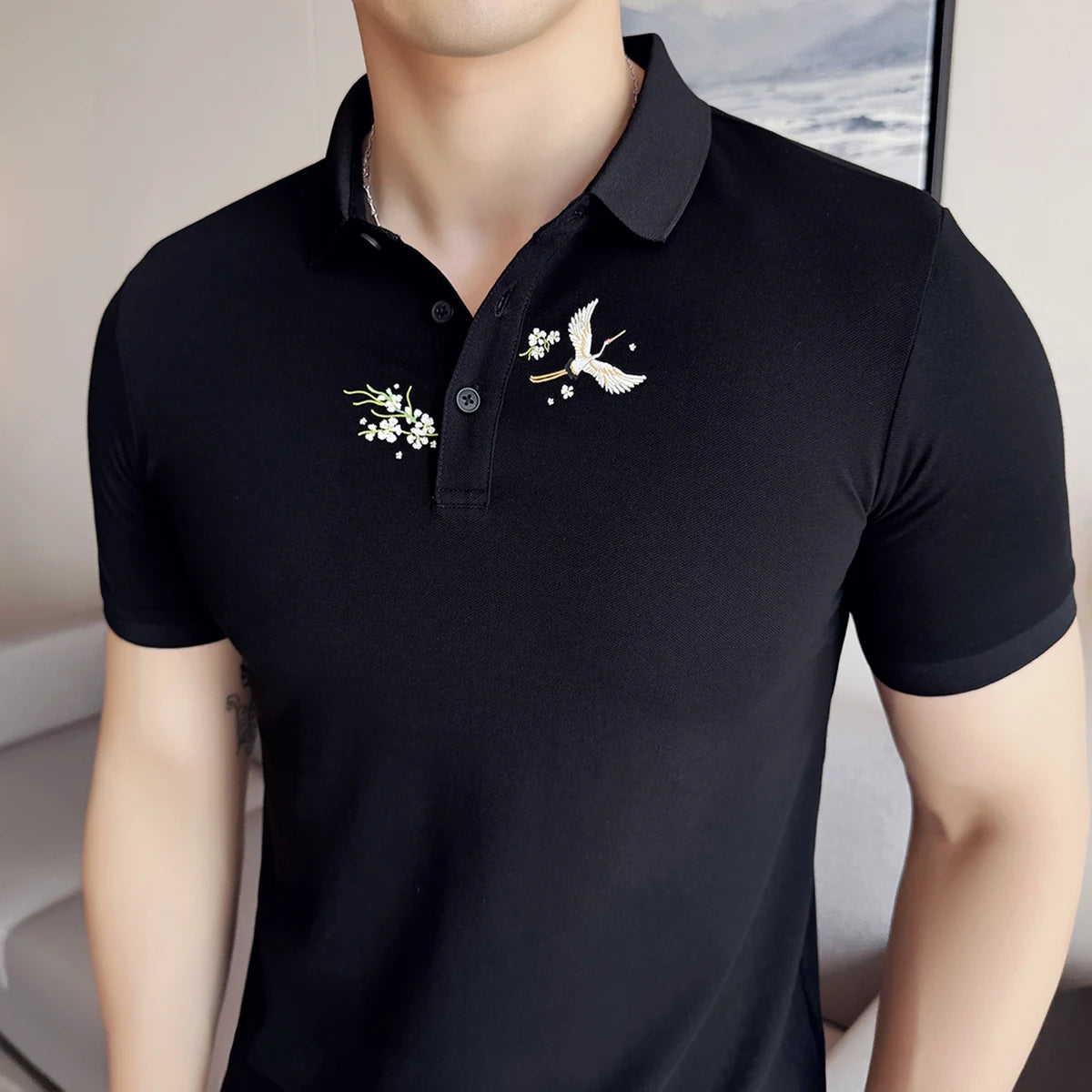 Moda verão novas camisas polo bordadas 2025 masculina de alta qualidade manga curta fino ajuste elástico casual camiseta topo roupas masculinas