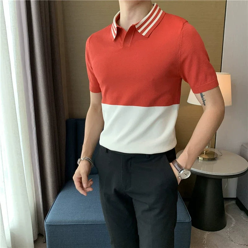 Camiseta polo masculina emendada com gola v, alta qualidade, manga curta, seda gelada, elasticidade, camiseta casual de lapela, 3XL-M, verão, 2023