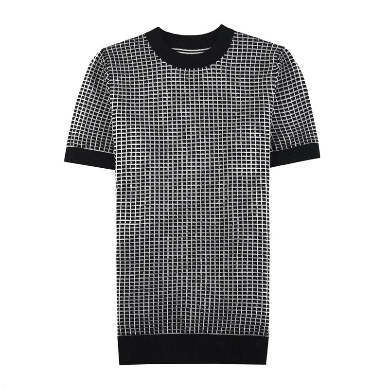 Outono novo xadrez tripulação pescoço casual manga curta camiseta de alta qualidade camisola de malha topos streetwear social casual camiseta