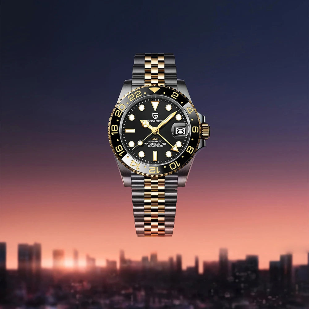 Pagani design novo PD-1662 relógio mecânico masculino superior vidro de safira gmt relógio 100m à prova dwaterproof água relógio mecânico automático masculino