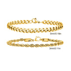 2 peças pulseiras de corrente masculina, corrente de corda torcida de aço inoxidável cor preta dourada prateada, presente de pulseira de corrente cubana da moda