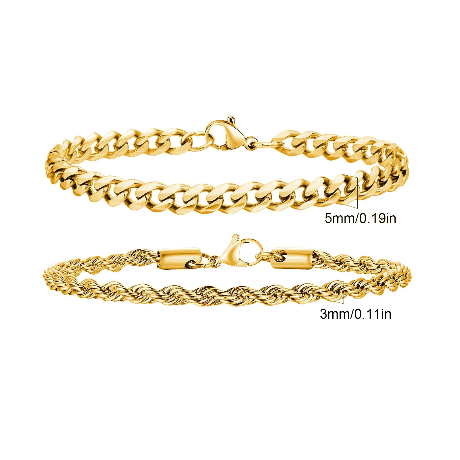 2 peças pulseiras de corrente masculina, corrente de corda torcida de aço inoxidável cor preta dourada prateada, presente de pulseira de corrente cubana da moda