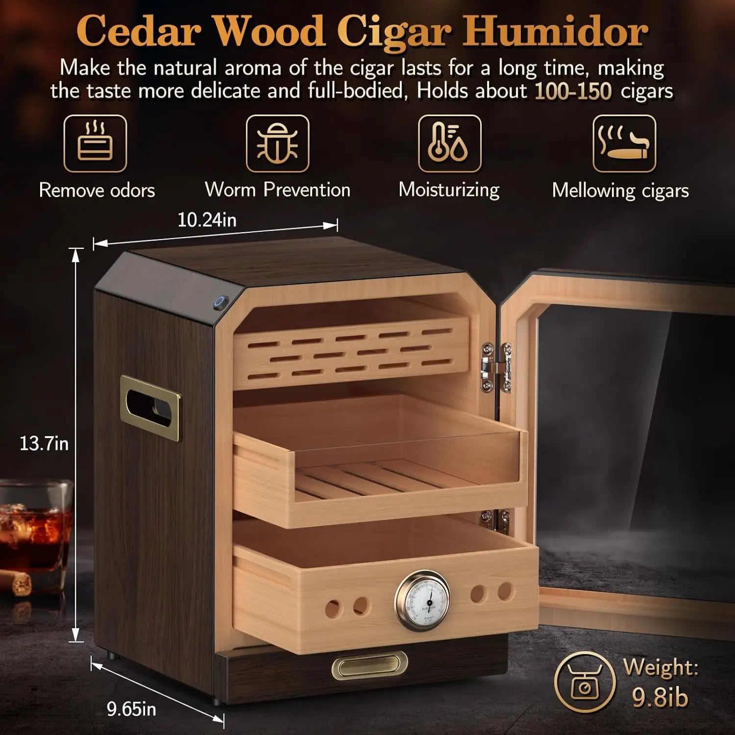 Umidificador de charutos, porta magnética de controle iluminado, com gaveta de acessórios de charuto e 2 umidificadores Armazenamento de grande capacidade de 3 camadas