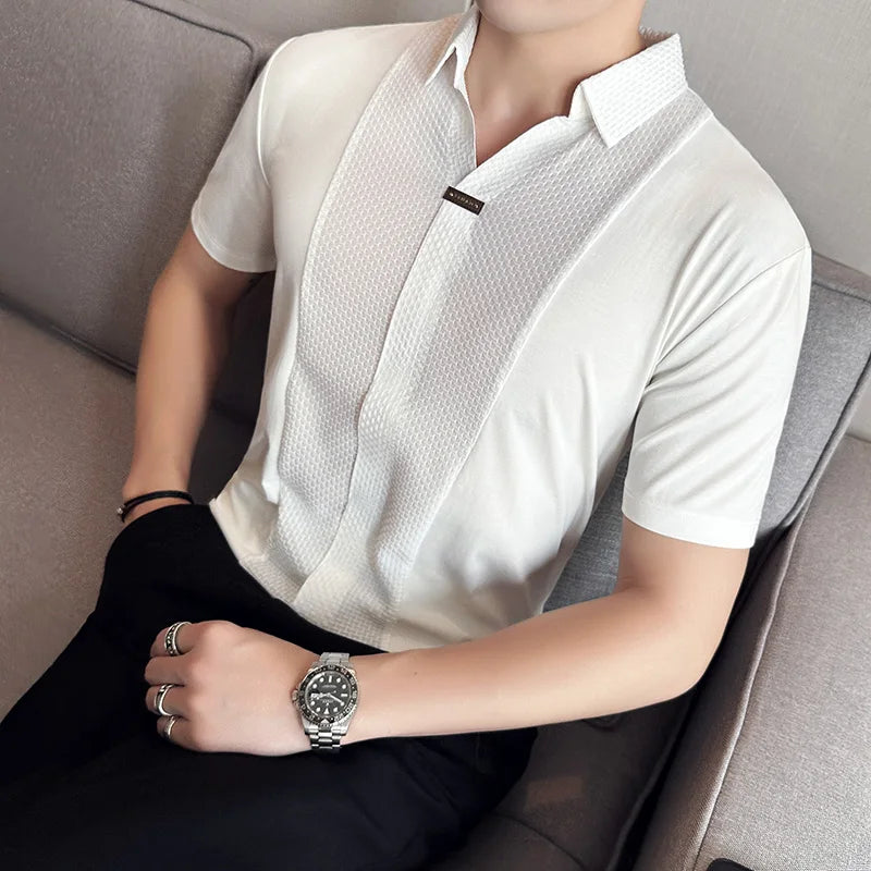 Preto/branco verão alta elástica com decote em v polo camisas masculinas waffle emenda gelo seda sem costura camiseta 2023 casual solto topos t